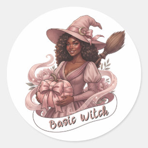 Adesivo Redondo Bruxa Básica Magia de Menina Negra Abóbora Rosa