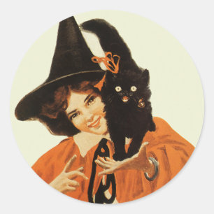 Adesivo Redondo Bruxa bonita do vintage com o gato preto bonito