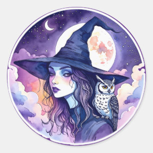 Adesivo Redondo Bruxa com Coruja - Fã do Halloween Divertido 2