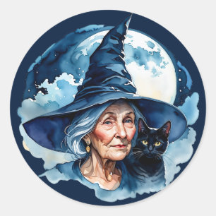 Adesivo Redondo Bruxa com um Gato - Wicca Halloween 1