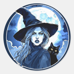 Adesivo Redondo Bruxa com um Gato - Wicca Halloween 2