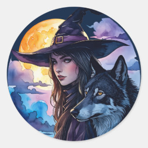 Adesivo Redondo Bruxa com um Lobo - Diversão de Fã de Halloween 1