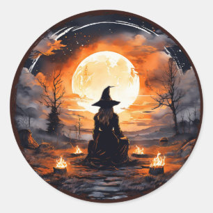 Adesivo Redondo Bruxa com Velas e Fogo - Wicca Halloween 2
