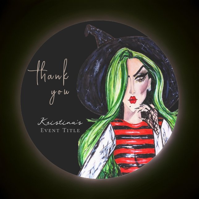 Adesivo Redondo Bruxa da Moda Aquarela Obrigada Preto (Criador carregado)