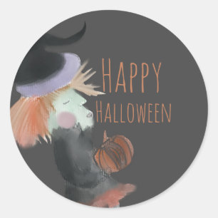 Adesivo Redondo Bruxa de Abóbora Aquarela de Halloween  