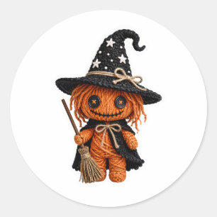 Adesivo Redondo Bruxa de Abóbora Costurada Estilo Amigurumi com Va