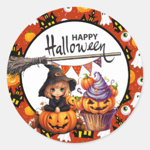 Adesivo Redondo Bruxa de Abóbora de Halloween