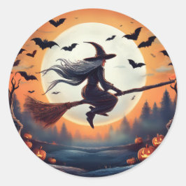 Adesivo Redondo Bruxa de Broomstick com morcegos