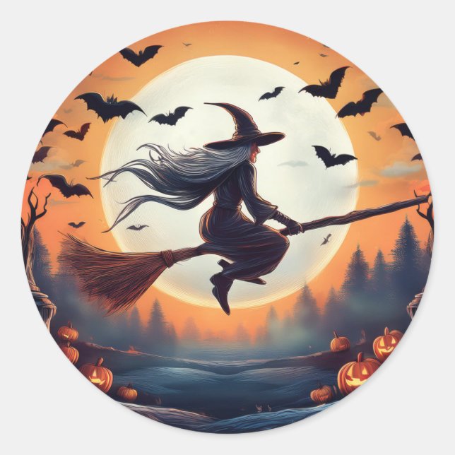 Adesivo Redondo Bruxa de Broomstick com morcegos (Frente)
