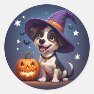 Adesivo Redondo Bruxa de Cachorrinho Fofa e Abóbora de Halloween �