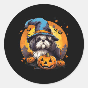 Adesivo Redondo Bruxa de Cachorro Shih Tzu Assustador no Halloween