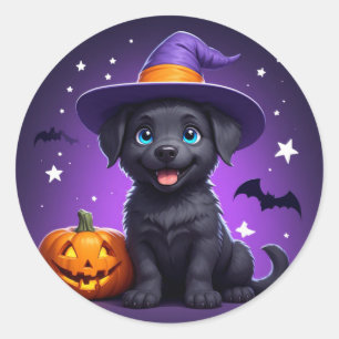 Adesivo Redondo Bruxa de Chapéu de Cachorrinho Fofo Halloween 🐶