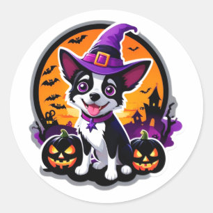 Adesivo Redondo Bruxa de Chapéu de Cachorrinho Fofo Halloween 🎃