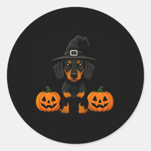 Adesivo Redondo Bruxa de Dachshund Preto e Castanho de Halloween A