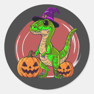 Adesivo Redondo Bruxa de Dinossauro no Halloween