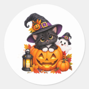 Adesivo Redondo Bruxa de Halloween Fofa Gato e Fantasma Personaliz