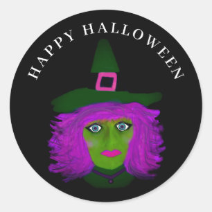 Adesivo Redondo Bruxa de Halloween Glamourosa Preta Roxa