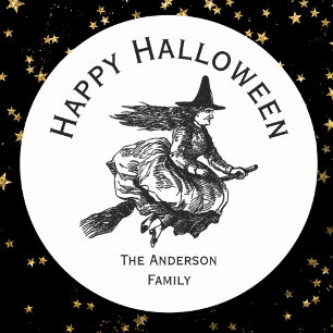 Adesivo Redondo Bruxa de Halloween na Broomstick