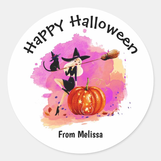 Adesivo Redondo Bruxa de Halloween Sassy com Gato (Frente)