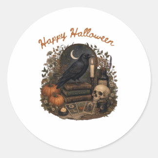 Adesivo Redondo Bruxa do Corvo Gótico Halloween Cottagecore