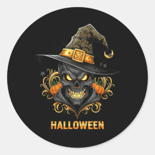 Adesivo Redondo Bruxa do Crânio Assustador Chapéu de Halloween Hor