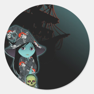 Adesivo Redondo Bruxa do Crânio Pirata no Halloween