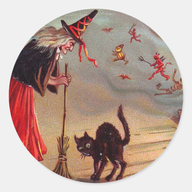 Adesivo Redondo Bruxa do Dia das Bruxas e gato preto (Frente)