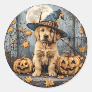Adesivo Redondo Bruxa do Halloween Cachorro Retriever Dourado Abób