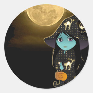 Adesivo Redondo Bruxa Dourada Negra no Halloween