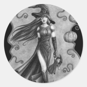 Adesivo Redondo Bruxa e Doll Halloween