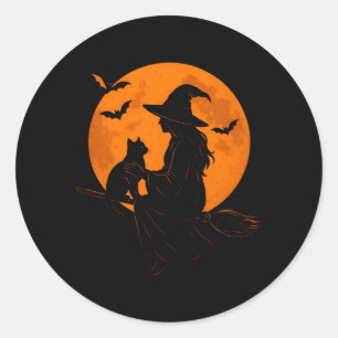 Adesivo Redondo Bruxa E Gatinho Preto Fofinho Para O Halloween