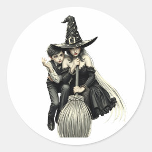 Adesivo Redondo Bruxa e Menino do Halloween: Duo Mágico Escuro