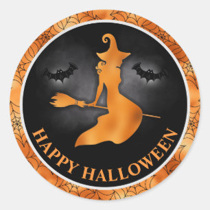 Adesivo Redondo Bruxa e Morcegos Laranja & Preto Feliz Halloween