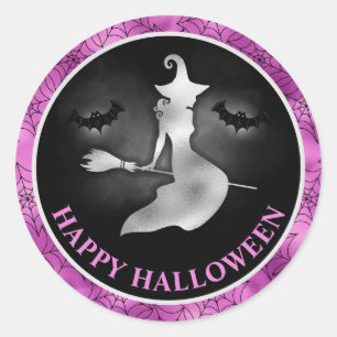 Adesivo Redondo Bruxa e Morcegos Roxo e Preto Feliz Halloween