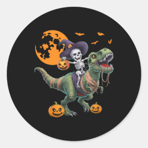 Adesivo Redondo Bruxa Esqueleto Montando Dinossauro T Rex Hallowee