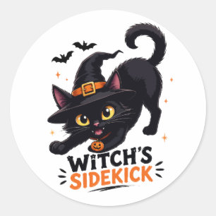 Adesivo Redondo Bruxa Fofa Gatinho Preto Halloween