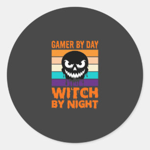 Adesivo Redondo Bruxa Gamer Halloween Crânio Retro