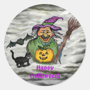 Adesivo Redondo Bruxa, Gato, Bat e Pumpkin, Feliz Halloween!