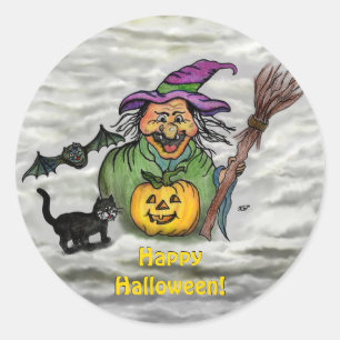 Adesivo Redondo Bruxa, Gato, Bat e Pumpkin, Feliz Halloween!