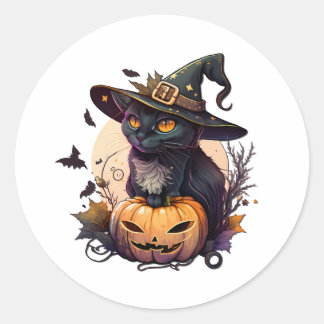 Adesivo Redondo Bruxa Gato para o Halloween