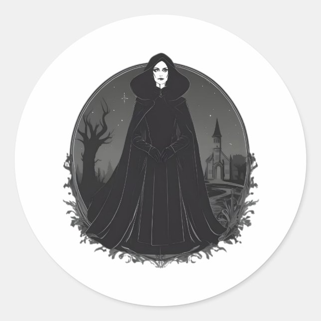 Adesivo Redondo Bruxa Gothic Salem à meia-noite (Frente)