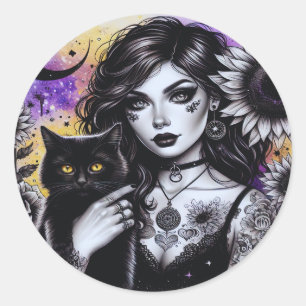 Adesivo Redondo Bruxa Gótica Celestial e Gato Negro