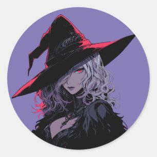 Adesivo Redondo Bruxa Gótica Sultry Halloween em Chapéu Negro