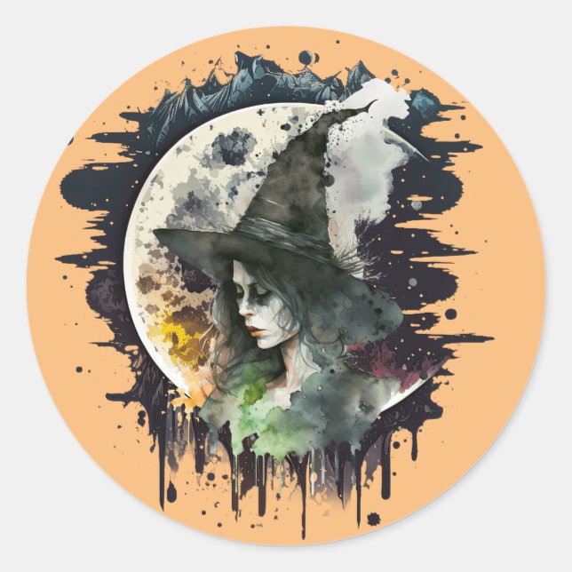 Adesivo Redondo Bruxa Halloween e Lua Cheia (Frente)