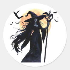 Adesivo Redondo Bruxa Mística em Lua Cheia