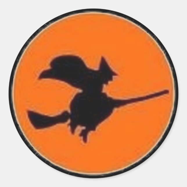 Adesivo Redondo Bruxa na Lua Laranja - Vinheta do Halloween (Frente)