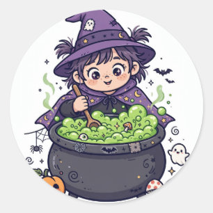 Adesivo Redondo Bruxa Pequenina Fofa Preparando Poção Sticker de H