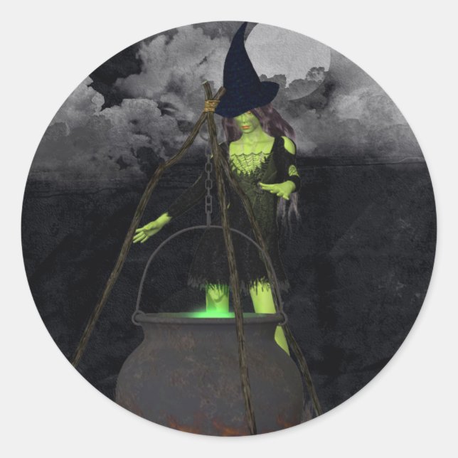Adesivo Redondo Bruxa Verde Fazendo um Vinheta Ortográfica (Frente)