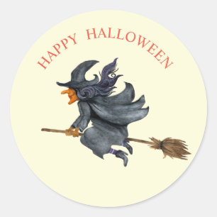 Adesivo Redondo Bruxa voadora aquarela de Halloween