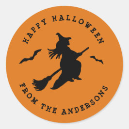 Adesivo Redondo Bruxa Voadora Black & Orange Halloween